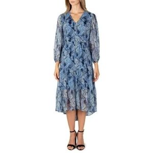 Joie Dress Parisian Paisley Blue Floral Print V Neck Midi Sz XL
